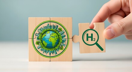 Hand placing a puzzle piece with h2 symbol into a puzzle showing the earth, representing hydrogen energy for the planet