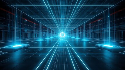 Futuristic abstract digital tunnel with glowing blue light grid