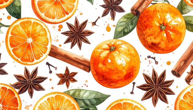 Oranges, cinnamon sticks, and star anise create a fragrant winter spice pattern. - Powered by Adobe