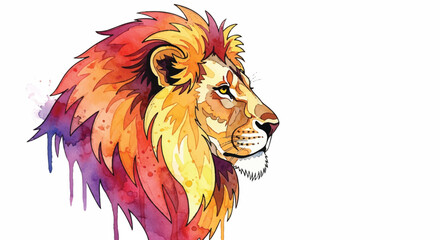 A vibrant and colorful watercolor-style flat 2D lion portrait is showcased in a distinguished profile view, emphasizing the majestic mane against a pristine white background.