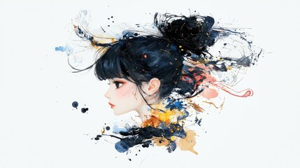 A stylized watercolor painting of a young woman's profile, featuring dark hair in a messy bun and abstract paint splatters.