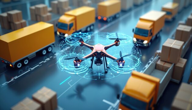 Drone hovers over delivery trucks and packages in a modern logistics hub. Automated system manages cargo, sorting, and parcel transport with smart tech.