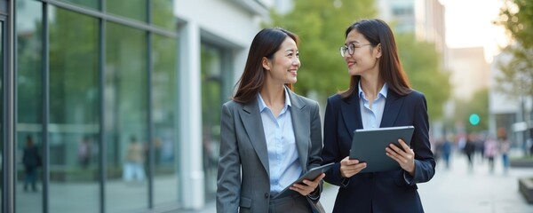 Two asian women in business suits walk and talk on a city street. They carry tablets and smile while discussing work outdoors near modern buildings. Colleagues collaborate in an urban environment.