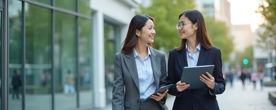 Two asian women in business suits walk and talk on a city street. They carry tablets and smile while discussing work outdoors near modern buildings. Colleagues collaborate in an urban environment. - Powered by Adobe