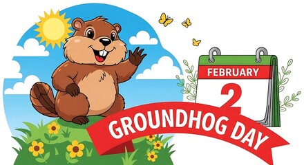 Naklejka premium Groundhog day illustration of waving groundhog with calendar and sun for groundhog day celebration