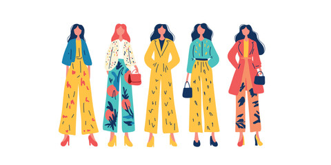 stylish young women standing together flat vector art concept