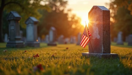 American flag waves near gravestone at cemetery during sunset. Tombstones and grass create peaceful, solemn atmosphere. Sun shines through trees casting warm light on memorial.