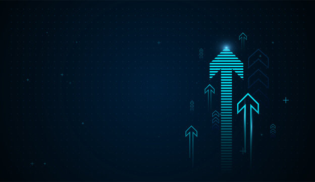 Glowing blue arrows move upward in sync, capturing the essence of data-driven success. Multiple neon arrows surge upward, growth and rising Charts Concepts