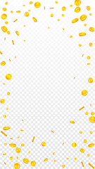 Japanese yen coins falling. Scattered gold JPY