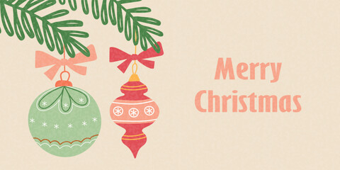Stylized illustration of Christmas decorations hanging on pine branches and a Merry Christmas greeting for greeting card design.