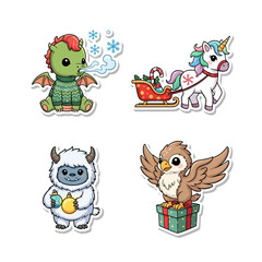Obraz premium Cute cartoon stickers featuring a dragon, unicorn, yeti, and griffin with holiday themes.