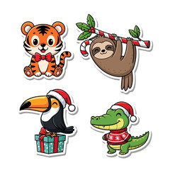 Naklejka premium A charming collection of four cute cartoon animals dressed in festive Christmas attire, ready to celebrate the holidays.