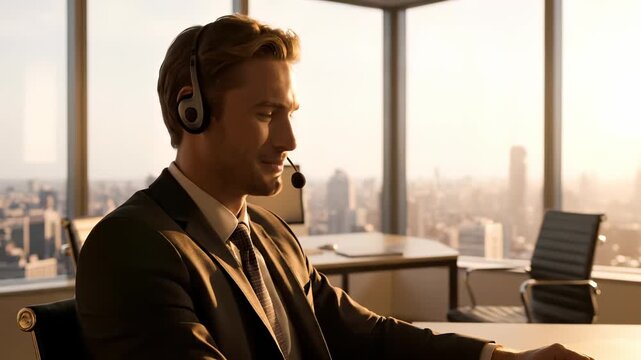 Businessman with headset speaks during customer call in office. Man gestures while talking on headset near window. Office worker with headset handles call. Businessman communicates using headset.