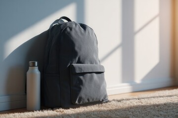 Backpack rests against wall with sunlight casting shadows, highl