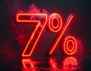 Illuminated, bold numerals, and percent symbol in a neon glow amidst crimson vapor, reflecting on a wet, dark surface