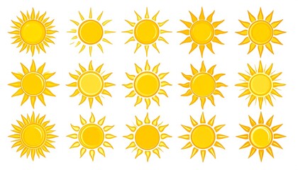 Fifteen bright yellow sun icons with varying ray designs on white.