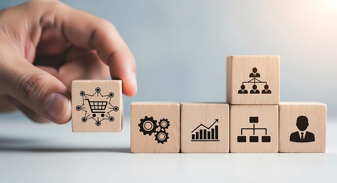 Hand placing wooden block with shopping cart icon, representing ecommerce and business strategy, with other business icons in a row - Powered by Adobe