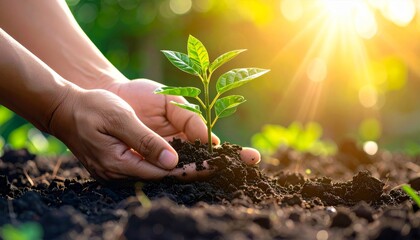 Hands cradling a small plant seedling in soil, symbolizing new life, growth, and environmental protection