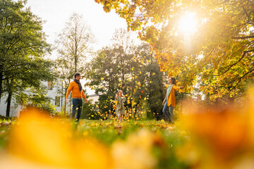 Family playing with autumn leaves in park under bright sunlight