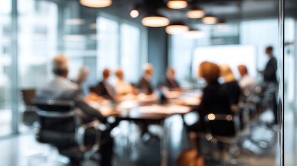 Blurred vision of business team collaborating during meeting in modern office boardroom, creating a sense of dynamic corporate energy and success