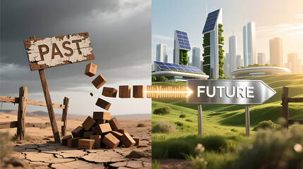 Embrace innovative green future, leaving behind the broken past, envisioning eco friendly urban landscapes with sustainable energy and forward thinking designs