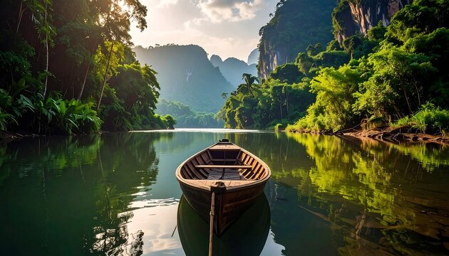 Scenic landscape featuring a boat on a calm river surrounded by mountains