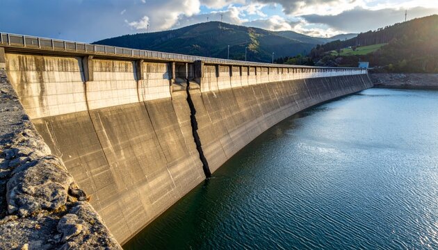 Nature landscape view of a concrete dam on the river, featuring a bridge and blue sky with clouds