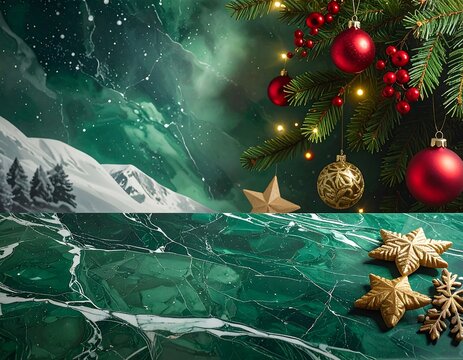 Festive winter scene with decorated evergreen and gold stars on marble.