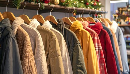 A row of colorful casual clothes on hangers in a fashion retail shop