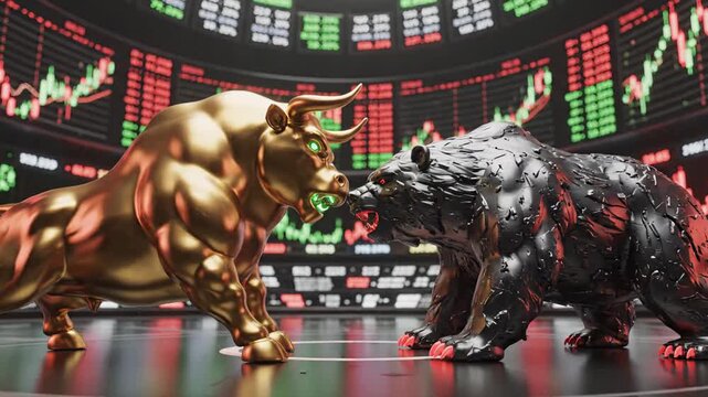 Green bull and charred black bear faceoff on glossy exchange floor, polished luxury metal contrasts with scorched texture while ticker panels glow red and green representing wealth and market risk