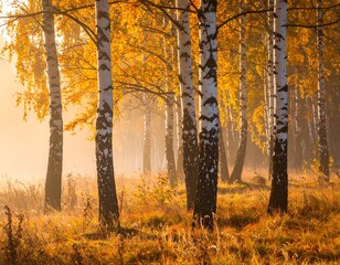 Autumnal landscape of birch trees with golden foliage in a sunlit fog