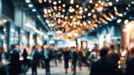 Blurred conference scene exudes energy and networking opportunities perfect for business promotion and event marketing materials, creating a dynamic feel
