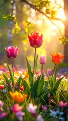 Obraz premium Colorful tulips blooming in a bright meadow bathed in golden sunlight filtering through trees