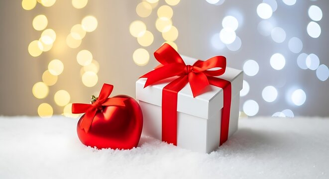 Christmas gift box and heart shaped ornament with festive bokeh background a season of love and giving holiday cheer and decoration for happy new year celebration