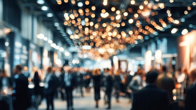 Blurred conference scene exudes energy and networking opportunities perfect for business promotion and event marketing materials, creating a dynamic feel