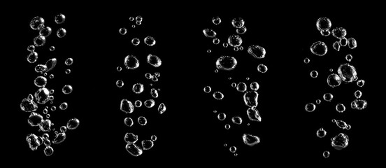 High-contrast water bubbles rising against a black background, perfect for concepts of purity, freshness, clarity, clean design, ideal for beverage branding, wellness visuals, and modern advertising.
