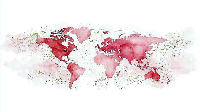A stylized watercolor painting of the world map, featuring red continents and scattered green dots, set against a white backdrop.
