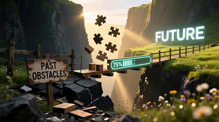 Moving past obstacles and building towards the future with progress, achieving goals and success in business, with determination and strategy for vision