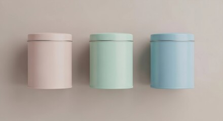 Three pastel colored tin cans isolated on white background, perfect for storing small items or adding a touch of vintage charm to your decor.