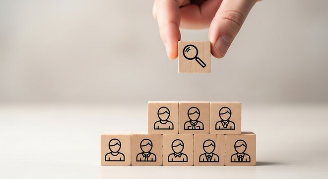 Hand holding a wooden block with a magnifying glass icon above a pyramid of blocks with person icons, representing recruitment or search