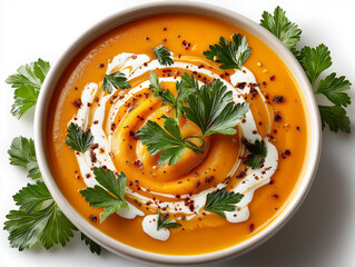 Cream of pumpkin soup with milk cream, close-up.