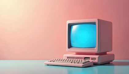Retro pink computer with CRT monitor and keyboard sits on a light blue desk. Empty bright blue screen and pastel background suggest vintage computing era.