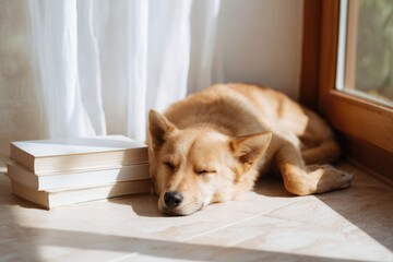 Golden dog peacefully sleeping by window, sunlight illuminating