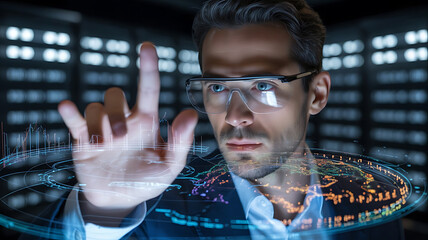 Visionary data scientist analyzing complex algorithms with augmented reality interface in server room, unlocking valuable business insights and optimizing performance