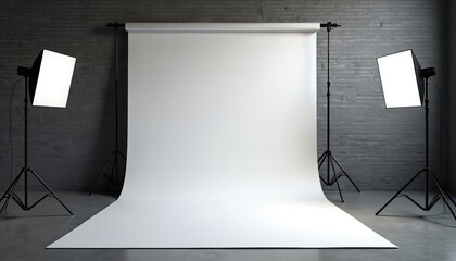 Empty photo studio setup with pro lighting equipment and white seamless backdrop. Modern interior for creative shoots, portraits, product photography, and video production.