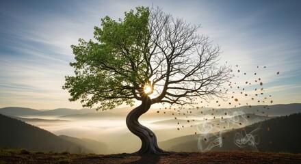 A solitary tree dramatically displays the stark contrast between vibrant life and stark winter dormancy across its branches