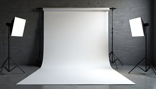 Empty photo studio setup with pro lighting equipment and white seamless backdrop. Modern interior for creative shoots, portraits, product photography, and video production. - Powered by Adobe