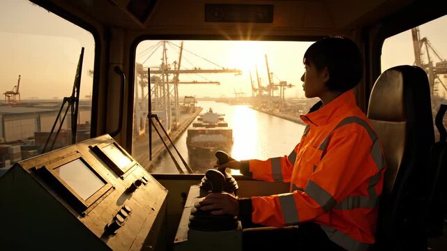 Woman crane operator works in cabin at port sunset. Female worker operates crane at harbor terminal. Woman controls crane machinery at port. Operator in safety vest manages crane at sunset.