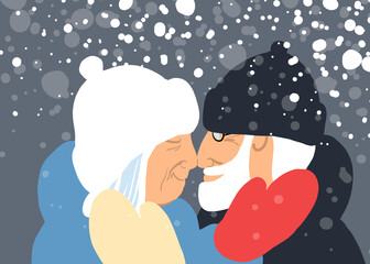 Two seniors embracing outdoors during snowfall showing love and harmony