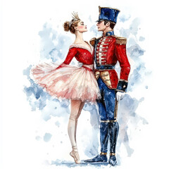 Naklejka premium Nutcracker and ballerina, fairy-tale characters watercolor illustration